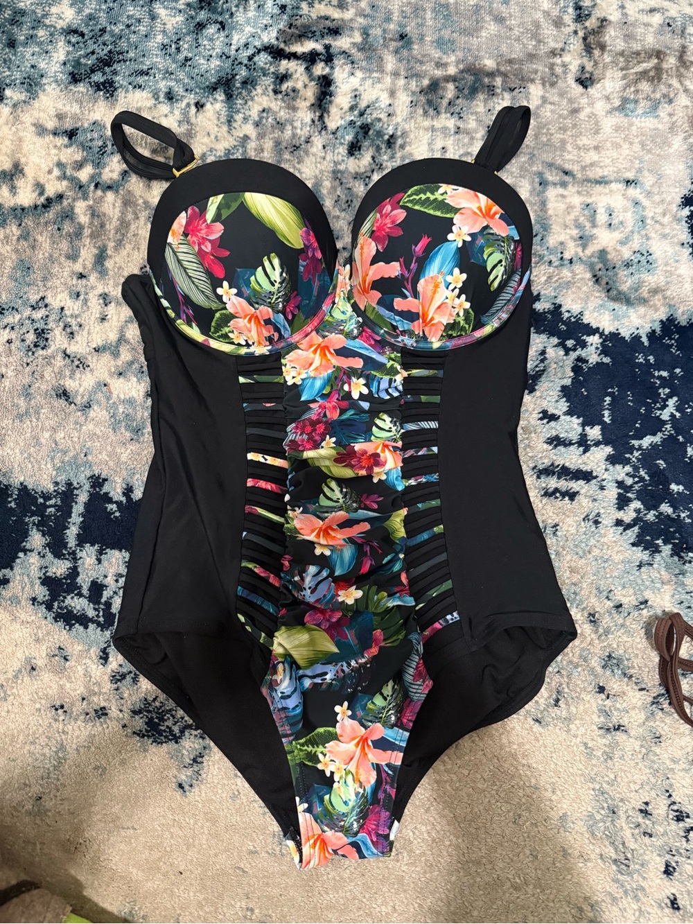 Swimsuits For All Black Tropical Floral Cutout One-Piece